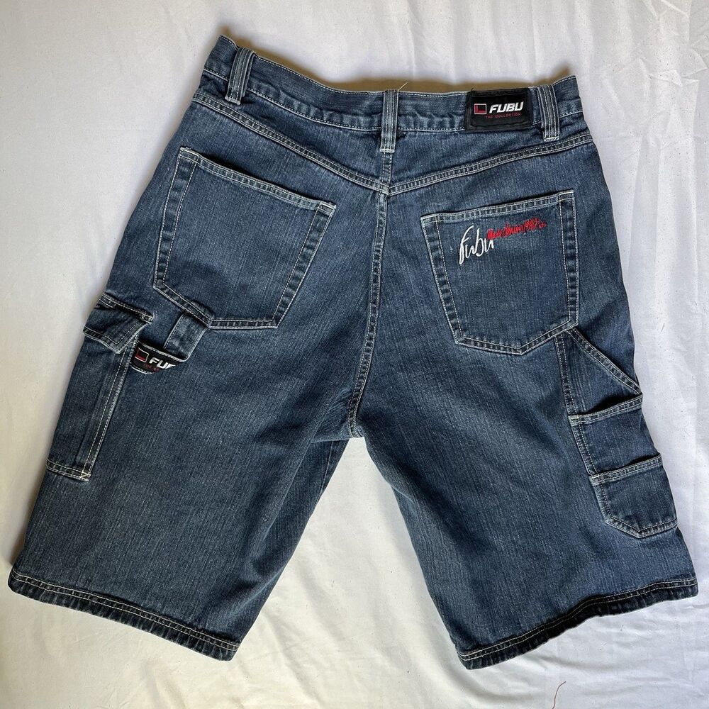 VTG Fubu Shorts Mens 36 Blue Denim Embroidered Carpenter Workwear Baggy Y2K